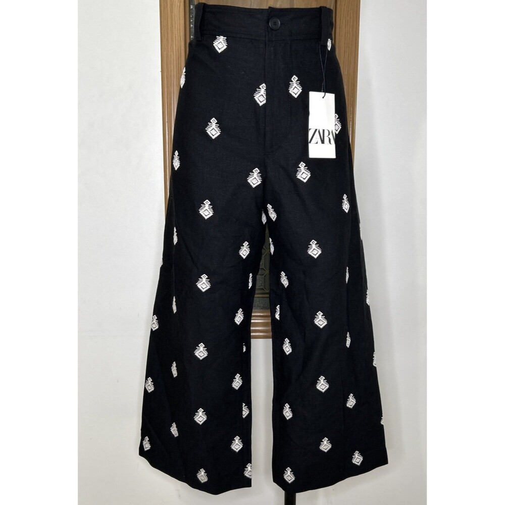 ZARA Black Wide-Leg Cropped Embroidered Pants